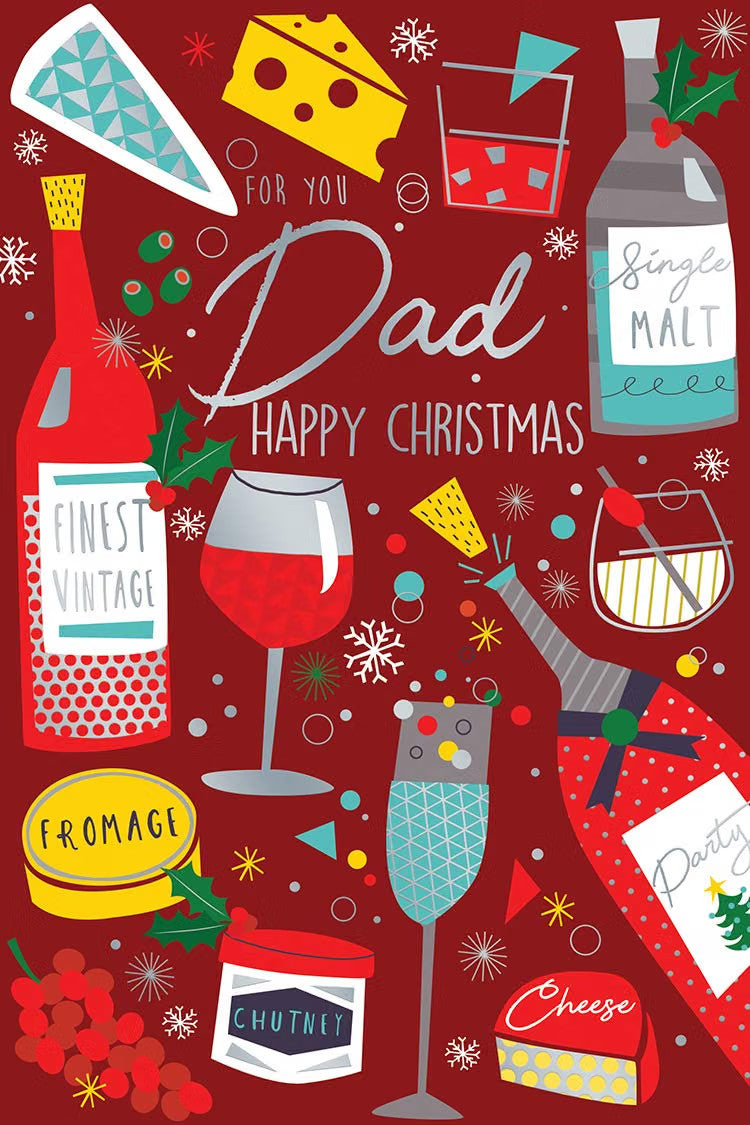 Dad Christmas Card Party Cheese Wine Grapes Design Lovely Verse