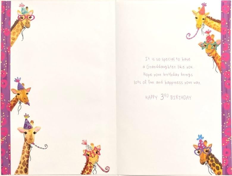 3rd Birthday Card for Granddaughter  Giraffe Design  15x23cm  Colour Insert