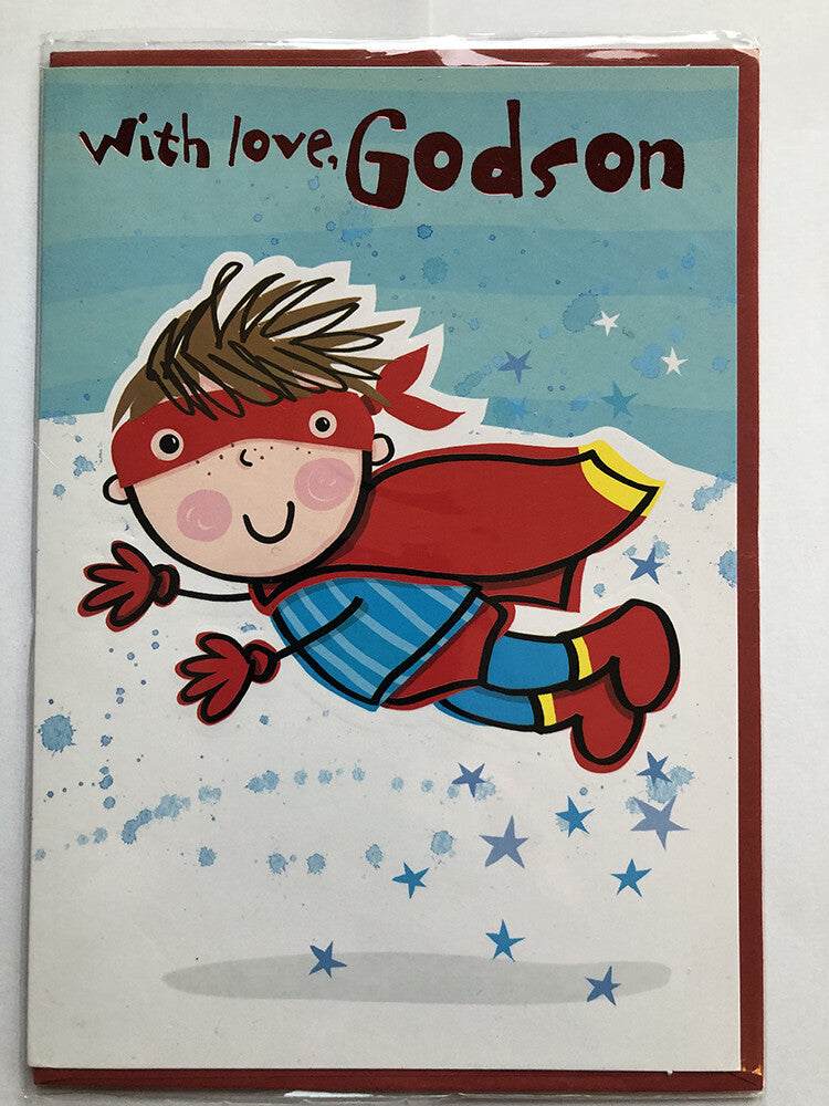 Godson Happy Birthday Card Super Boy Cape Mask Stars