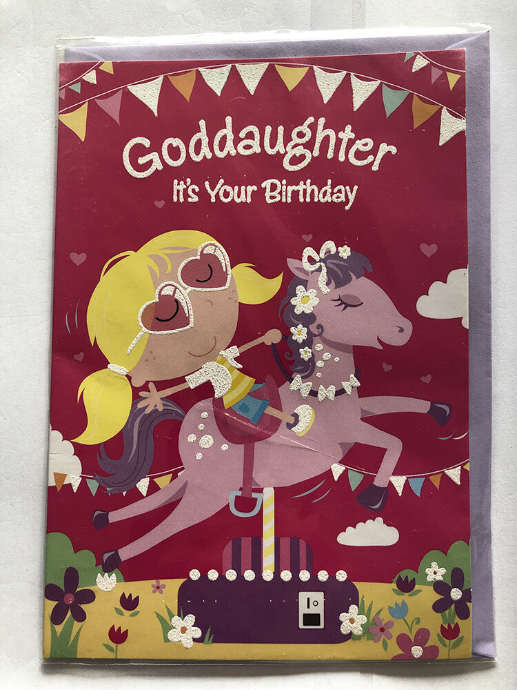 Goddaughter Happy Birthday Card Girl Rocking Horse Bunting