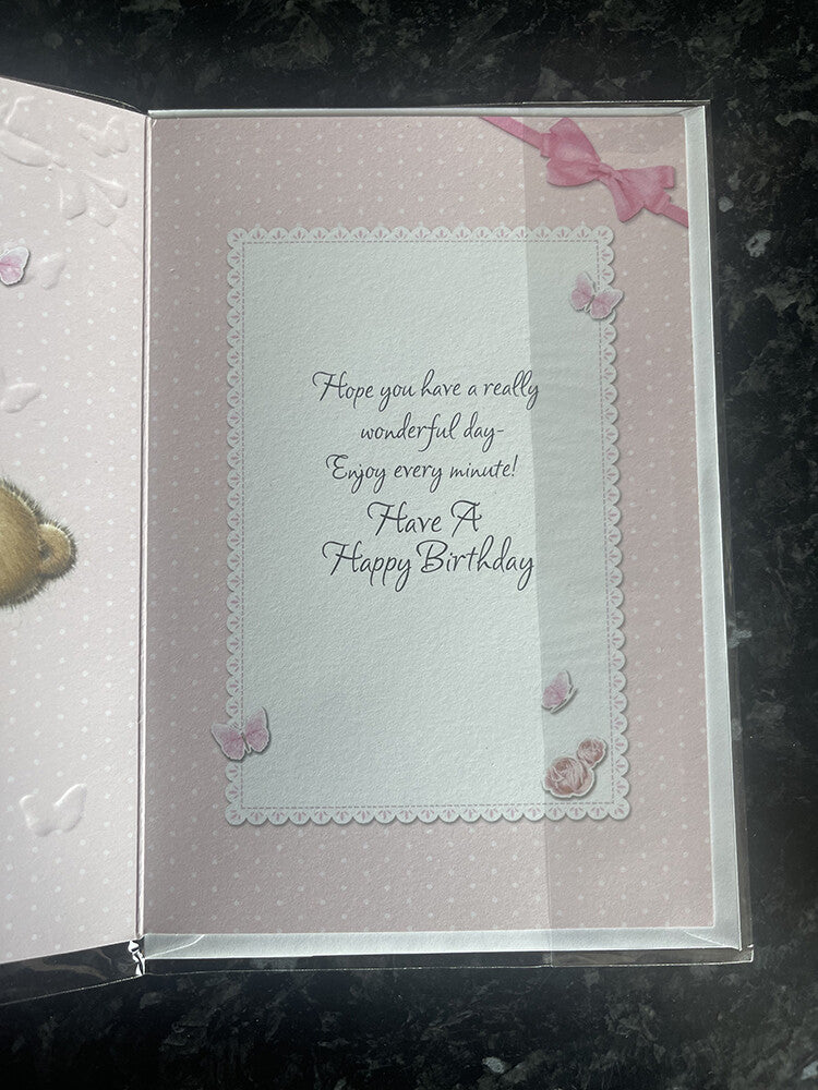 Mum Happy Birthday Card Cute Bear Holding Perfume Spayer & Flowers