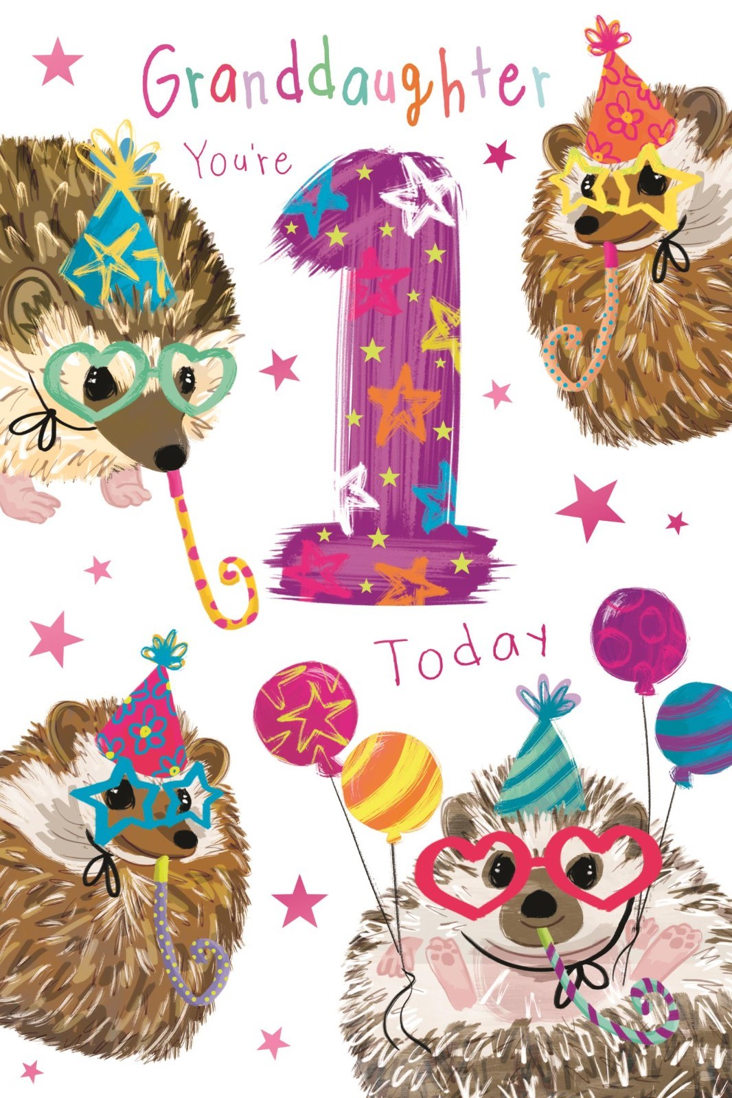 1st Birthday Card for Granddaughter  Hedgehog Party Design  15x23cm Insert