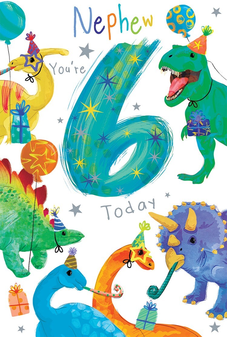 Nephew 6th Birthday Card Age 6 Dinosaurs 9" x 6" Lovely Verse