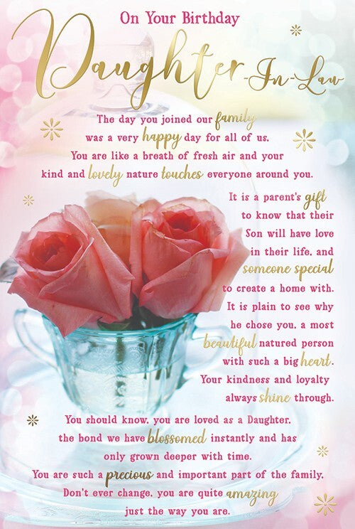 Wonderful Daughter-in-Law Birthday Card - Pink Roses & Heartfelt Verse
