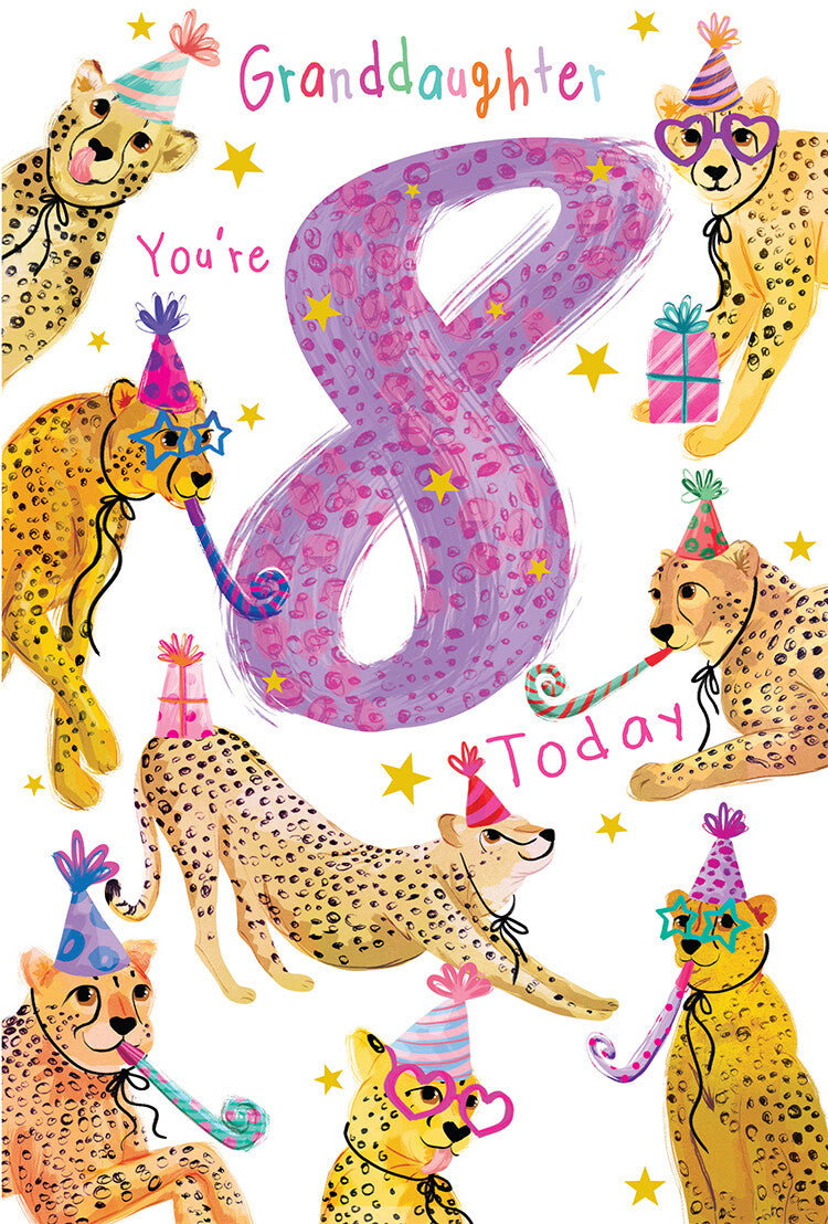 Granddaughter 8th Birthday Card Age 8 Cheetahs 9" x 6" Lovely Verse