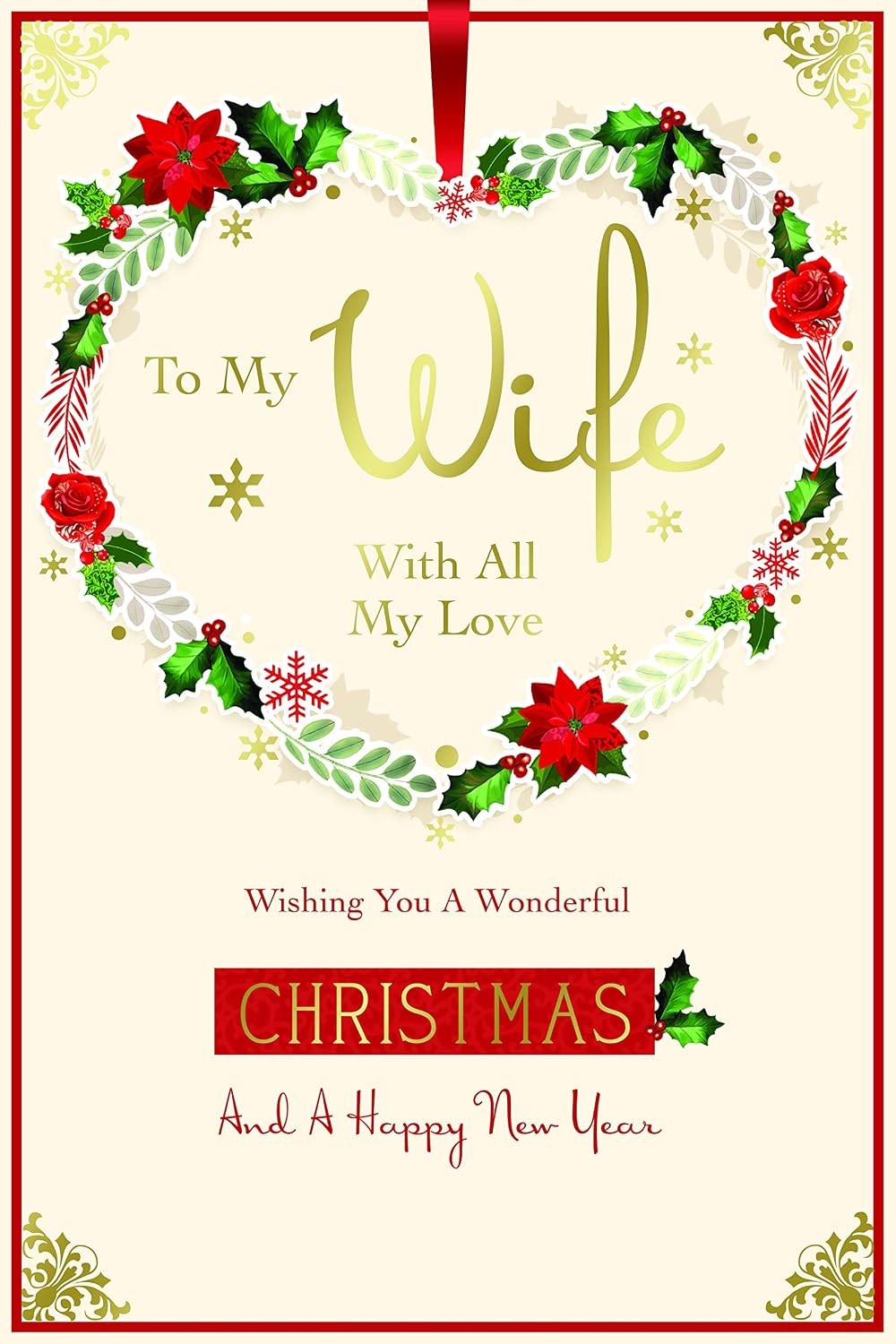 Wife Christmas Card Ribbon Poinsettia & Holly Wreath Design  Lovely Verse