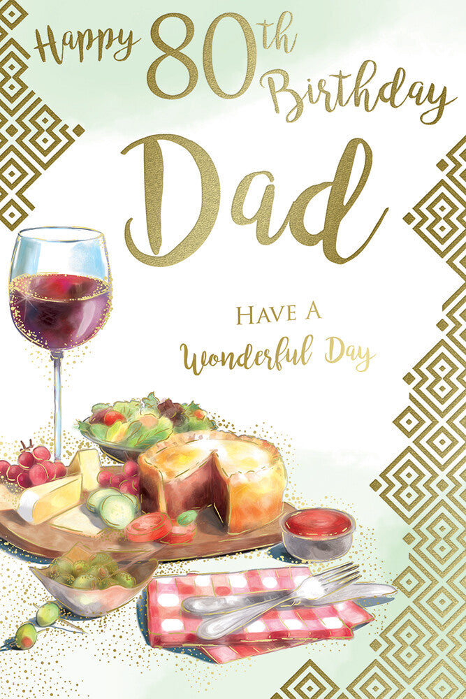 Dad 80th Birthday Card 80 Ploughman's Lunch Red Wine Design Happy Lovely Verse