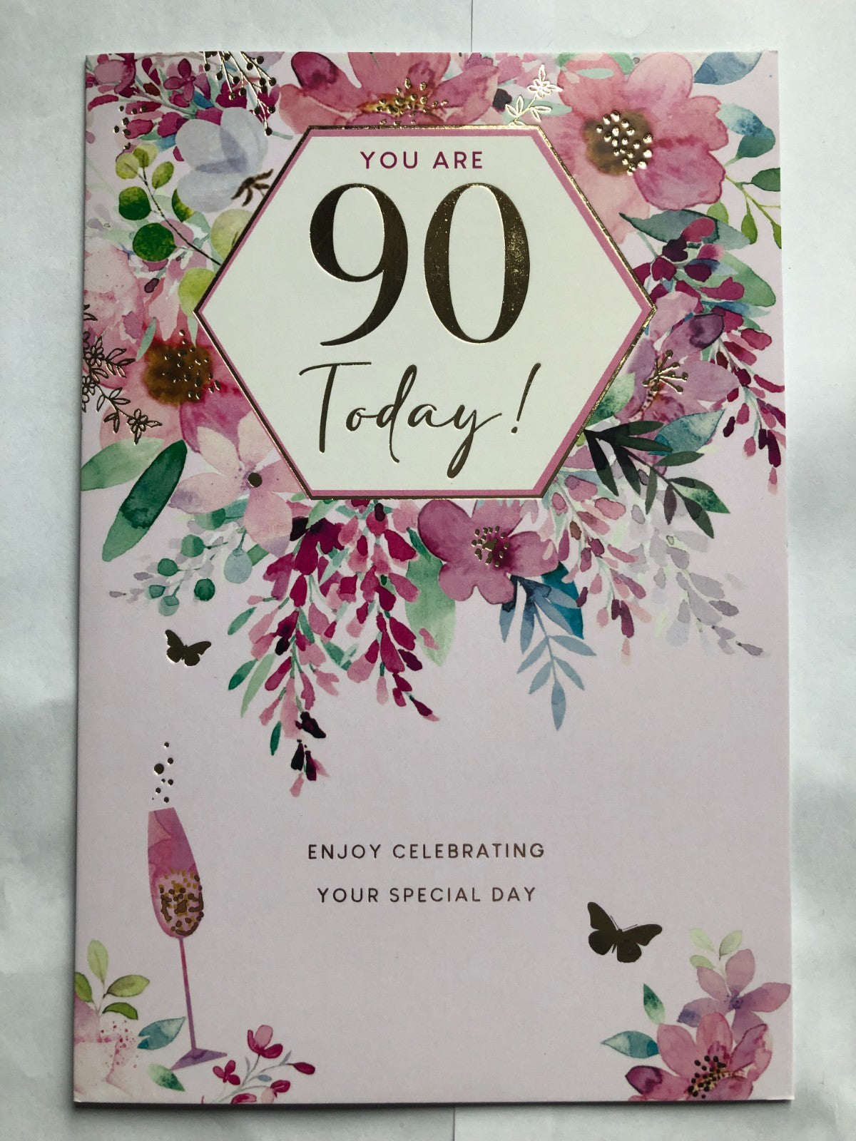 90th Birthday Card 15cm x 23cm Floral & Champagne Design Printed Verse