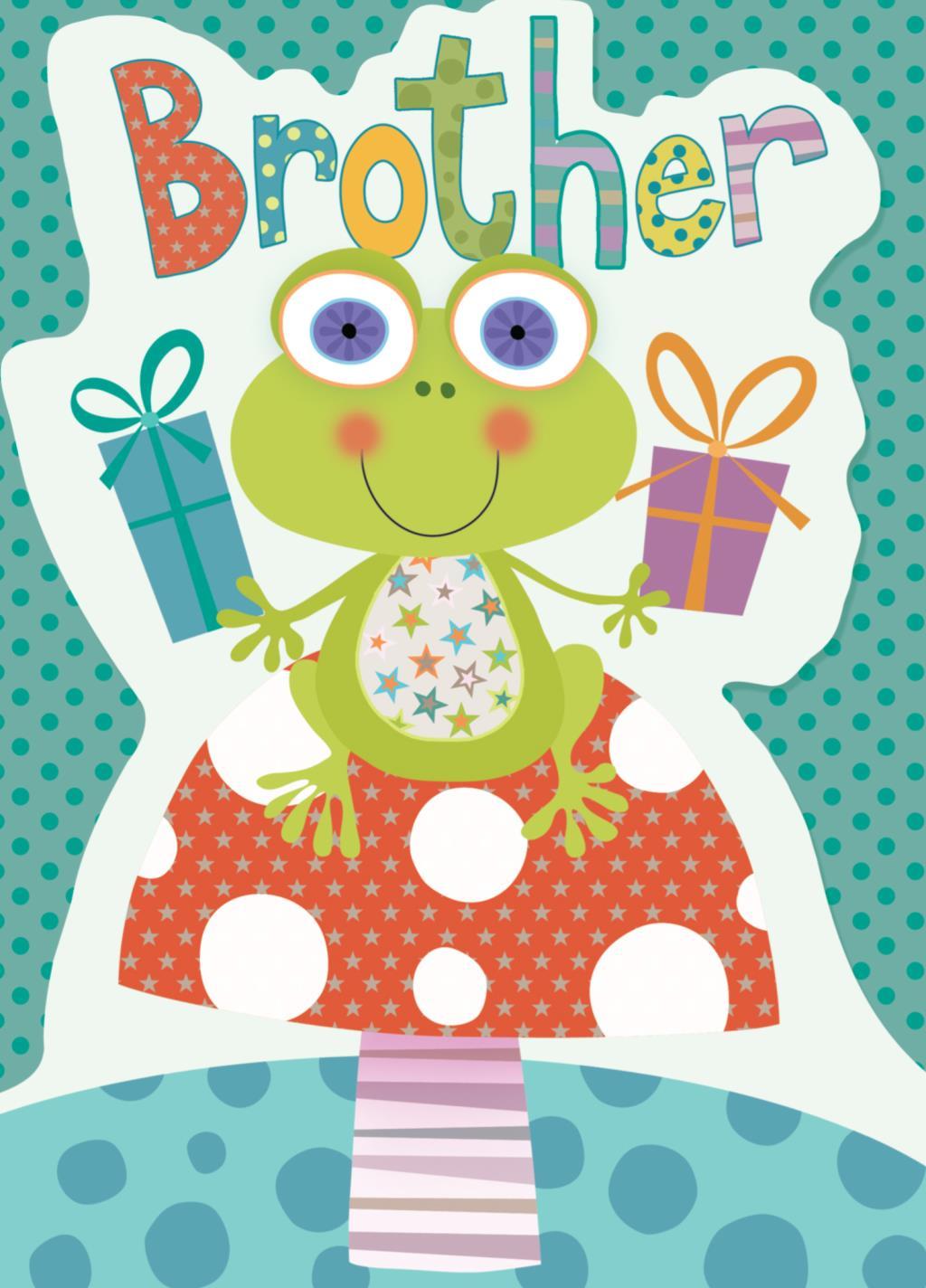 Brother Happy Birthday Card Cute Frog On Toadstool With Presents Design Modern