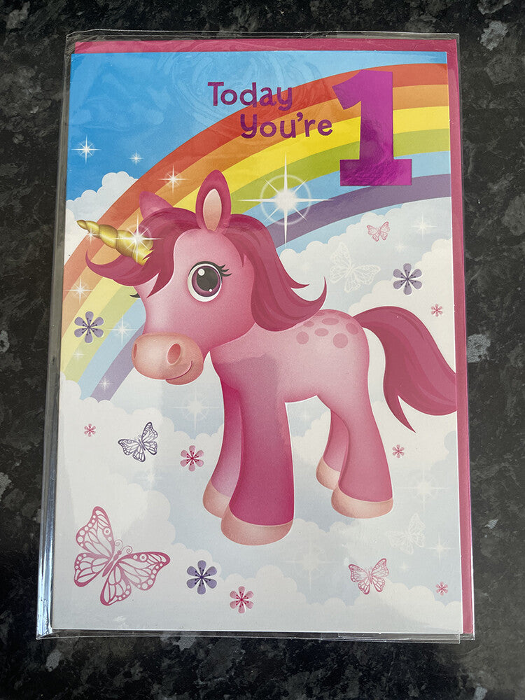 Age 1 Female Birthday Card 1st Pink Unicorn Butterflies Rainbow