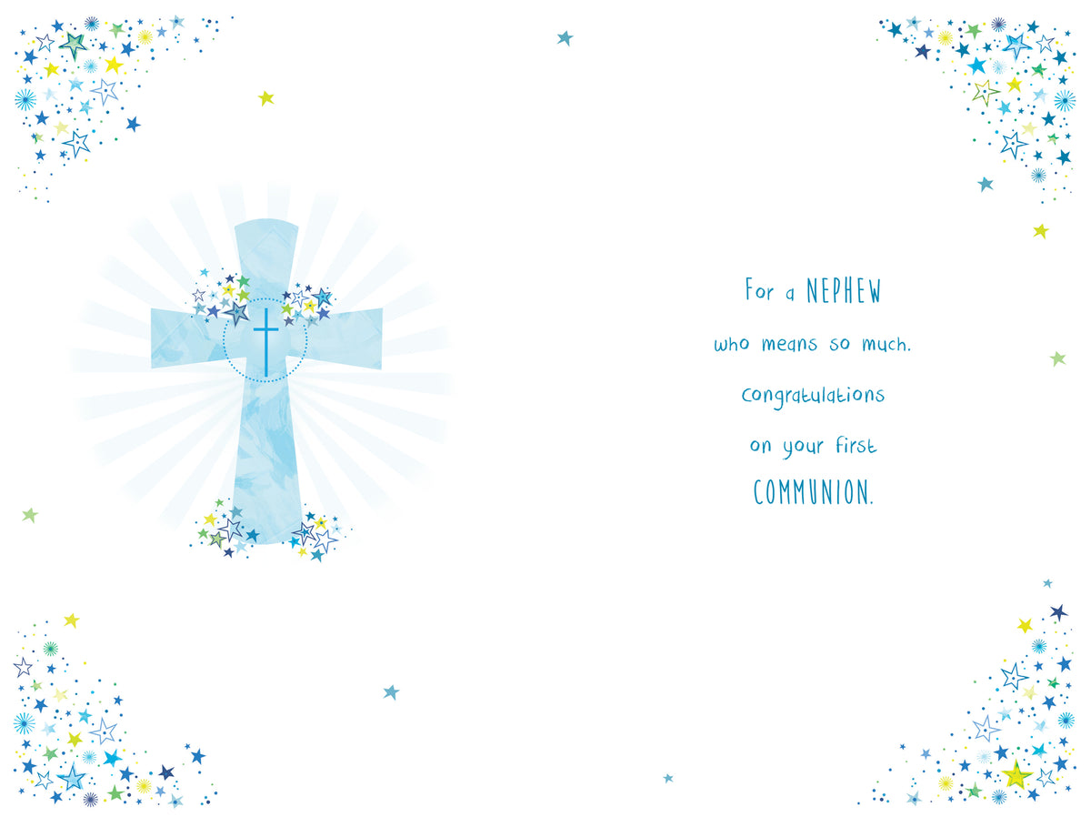 Nephew First Holy Communion Card - Elegant Cross & Stars Design, Quality Board