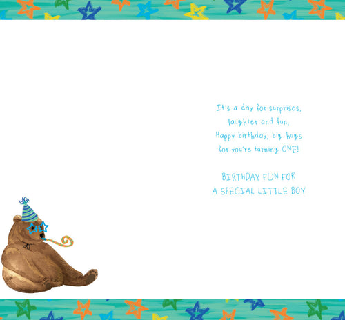 Age 1 Male 1st Birthday Card Bear 9" x 5" Lovely Verse