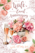 Wonderful Wife Coral Anniversary Card - 35th Wedding - Flowers & Champagne