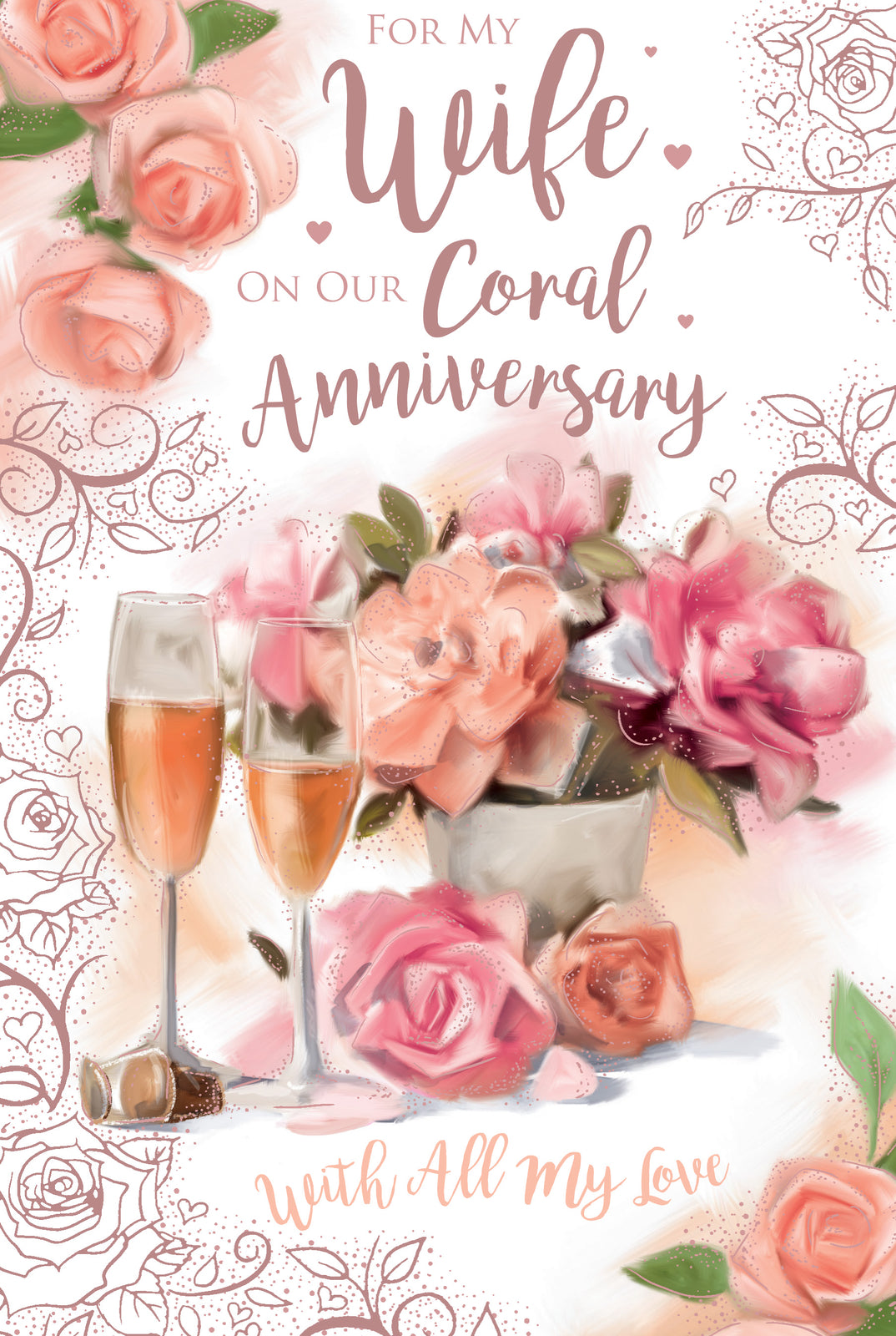 Wonderful Wife Coral Anniversary Card - 35th Wedding - Flowers & Champagne