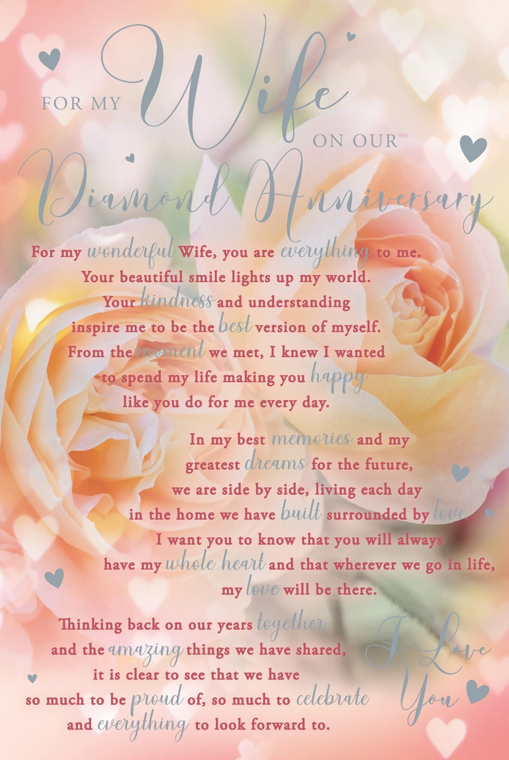 Wife Diamond Anniversary Card - Sentimental Rose Design - 60th Wedding Anniversa