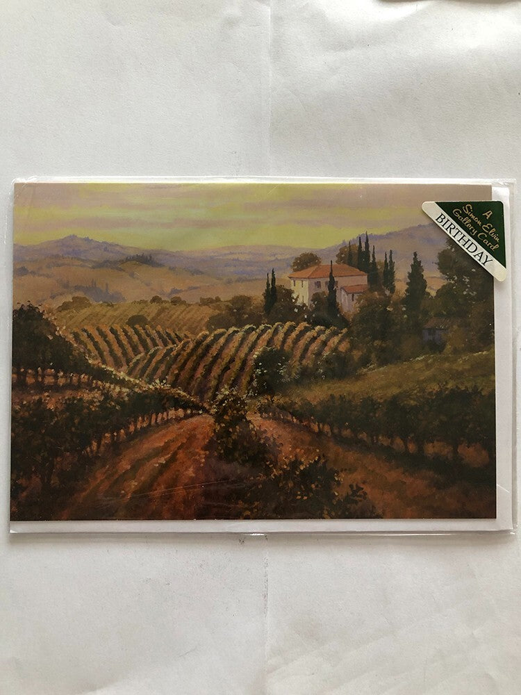 Open Happy Birthday Card Vinyards Cottage Scenery