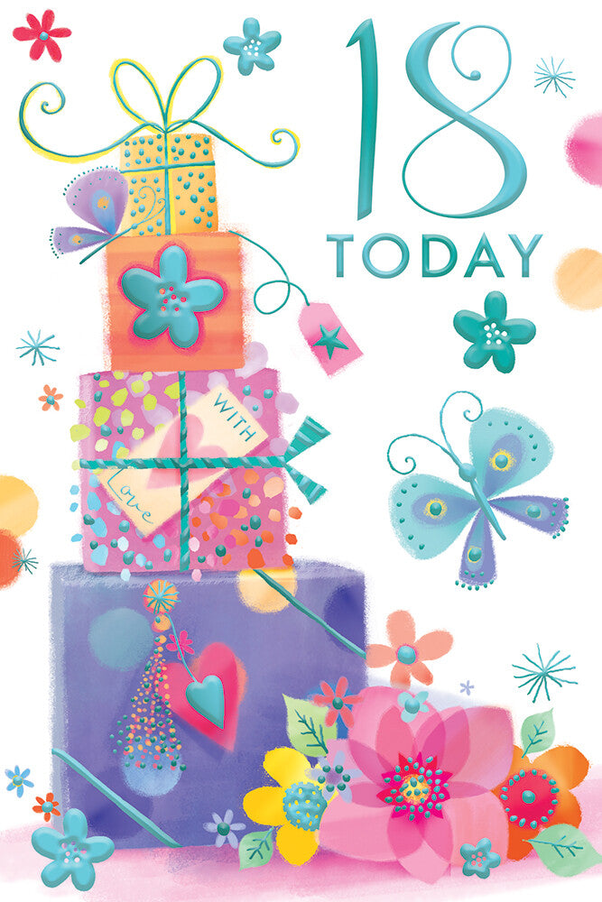 18th Happy Birthday Card  Age 18 Today Bright Presents Female Lovely Verse
