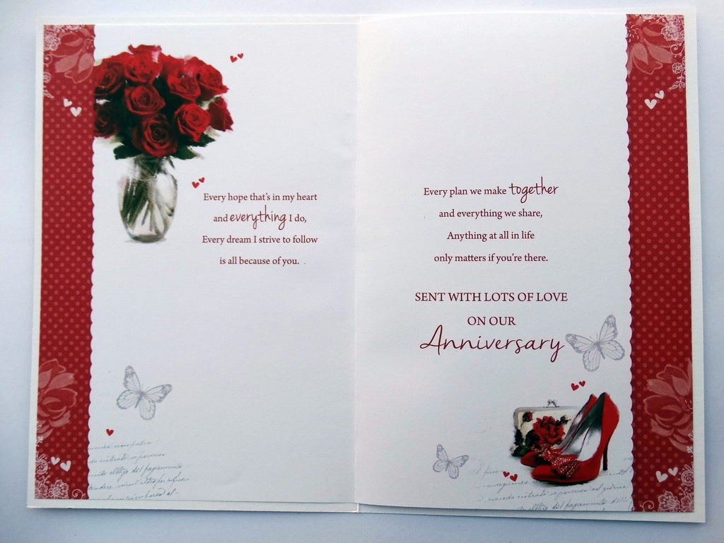 Gorgeous Wife Anniversary Card Red Roses Shoes Purse & Earrings Design