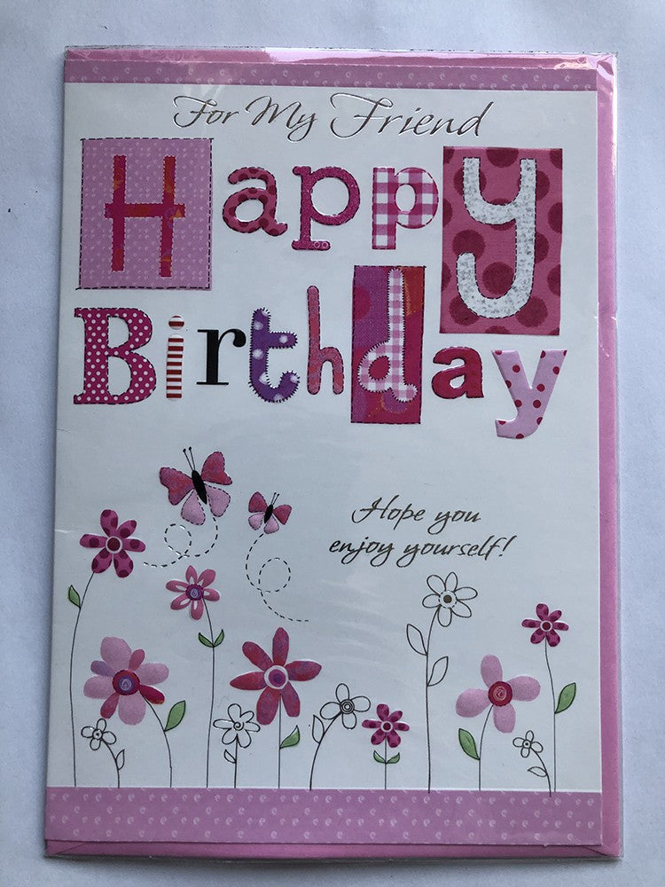 Friend Happy Birthday Card Bright Pink Flowers & Butterflies