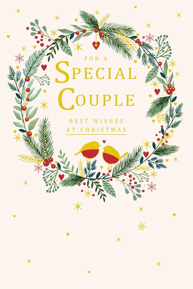 Special Couple Christmas Card Modern Wreath Robins 9" x 6" Lovely Verse