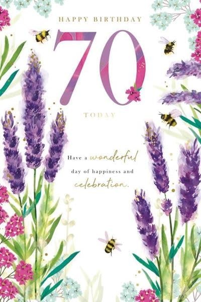 70th Birthday Card  Lavender Bee Floral Design & Verse  15x23cm