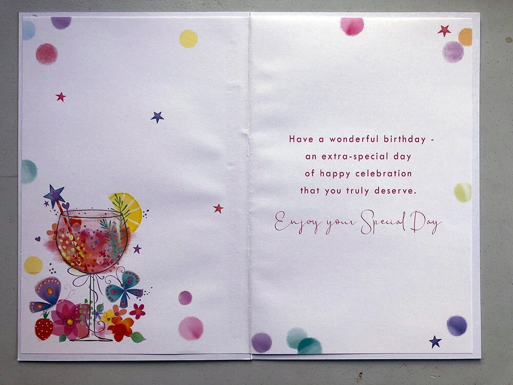 50th Birthday Card Sister - Gin Glass & Butterfly Design ~ Approx 6"x9"