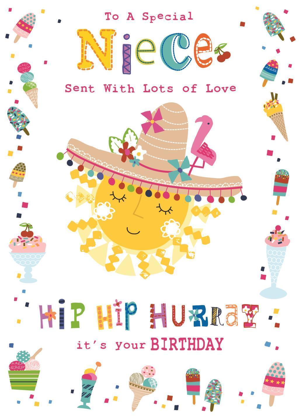 Niece Happy Birthday Card Lots Of Love Sun Hat & Ice Cream Design