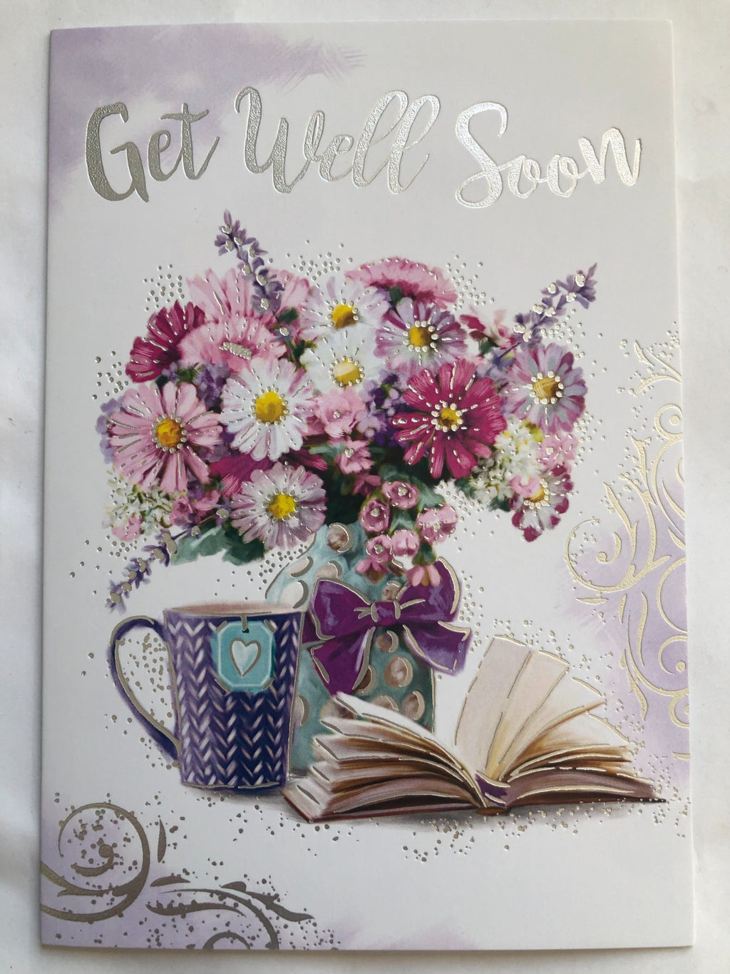 Get Well Soon Card 13cm x 19cm Floral Mug & Book Design Verse Inside