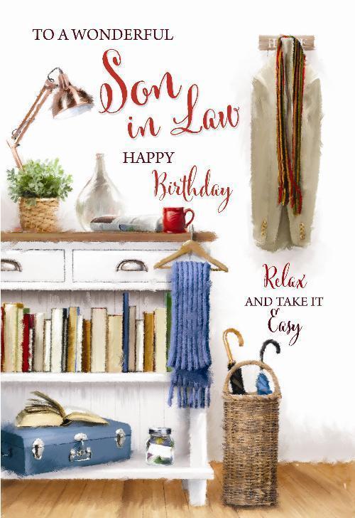 Son In Law Birthday Card Suit Books Table & Plant Design Happy  Lovely Verse
