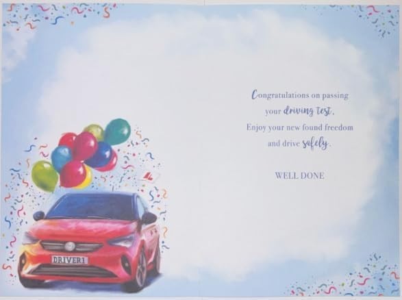Driving Test Pass Card 13cm x 19cm Red Car & Balloons Design Verse Inside