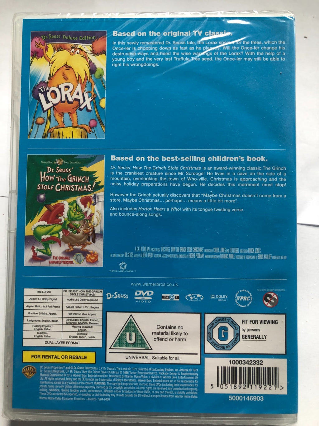 Lorax, The/How The Grinch Stole Christmas (U) 2 Disc DVD Brand New UK Release