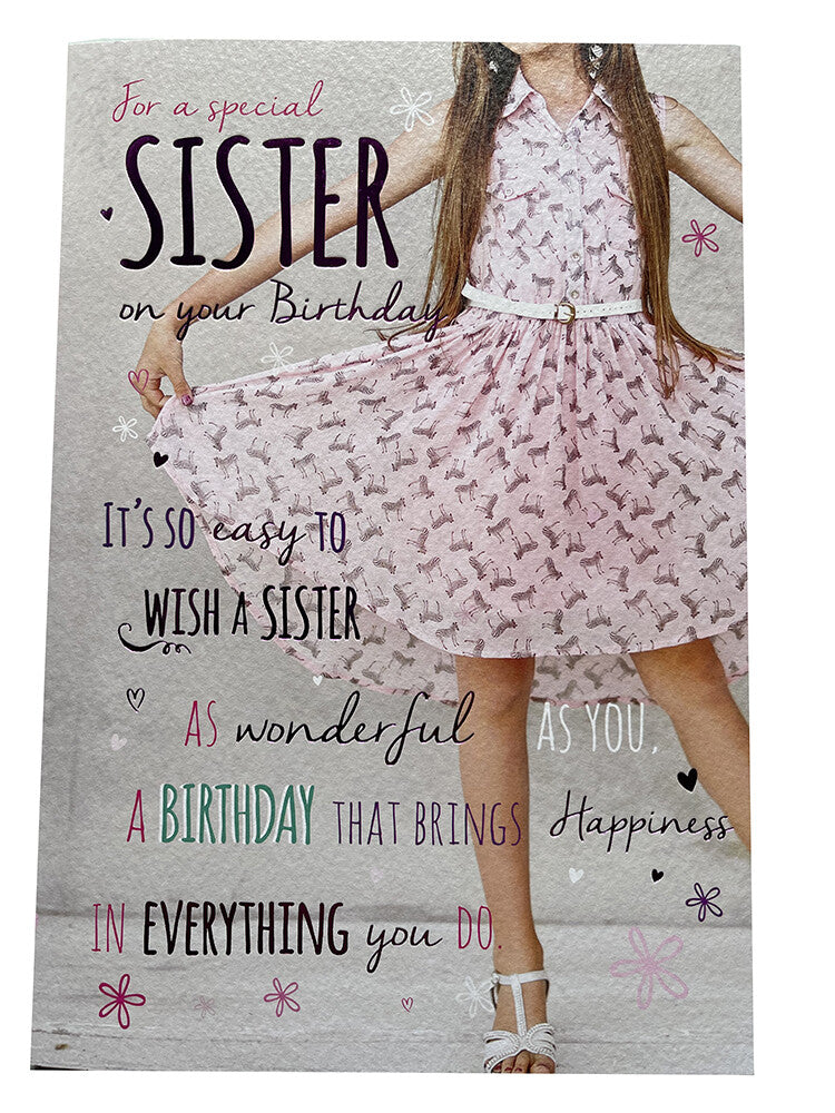 Sister Happy Birthday Card Girl In Dress Design Lovely Verse