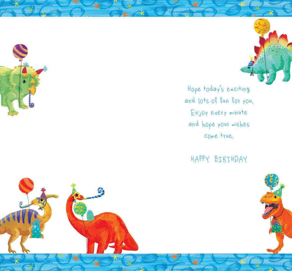 Kids 5th Birthday Card - Five Today - Fun Dinosaurs Party Hats Boy Girl
