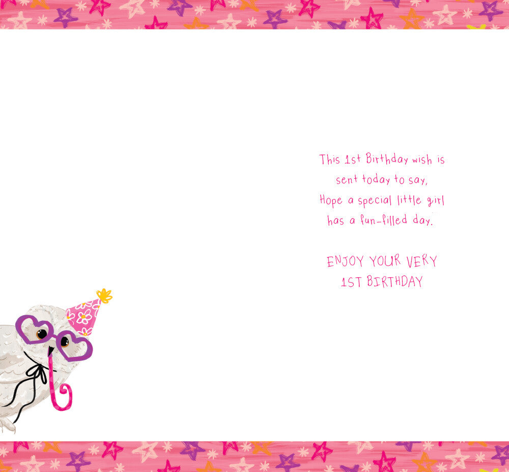 Age 1 Female 1st Birthday Card Owl 9" x 5" Lovely Verse