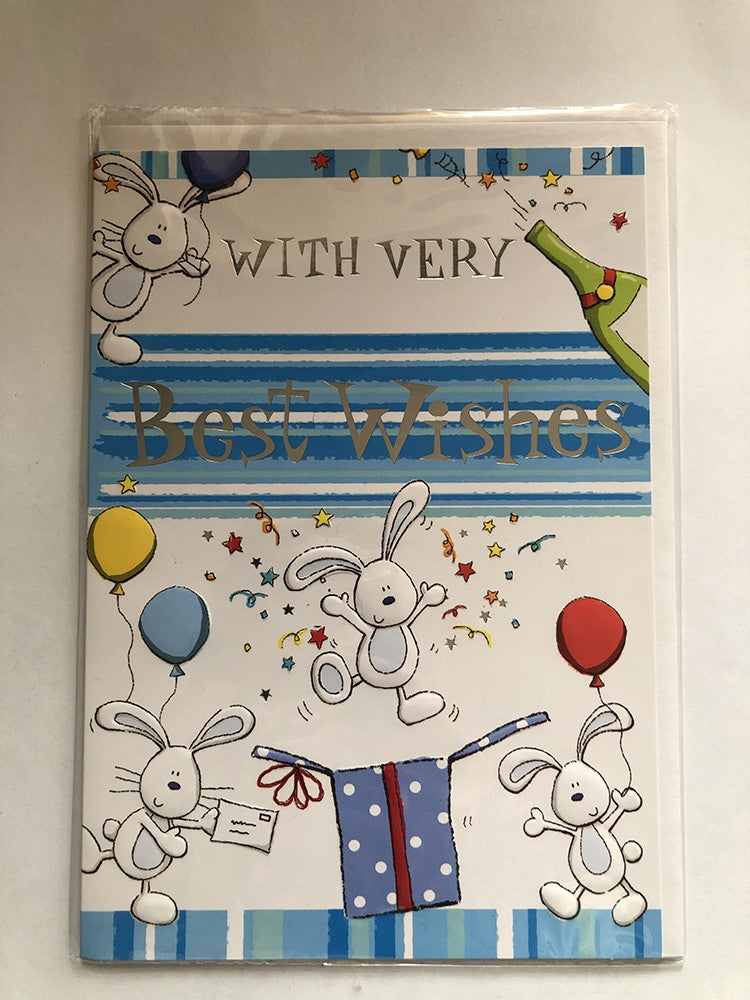Good Luck Best Wishes Card Balloon Rabbits Gift Champagne