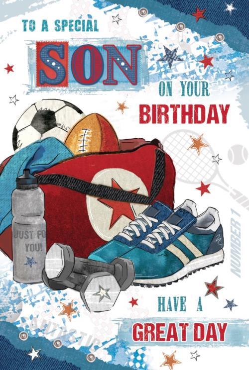Son Happy Birthday Card Sports Bag Balls Weights Design Lovely Verse