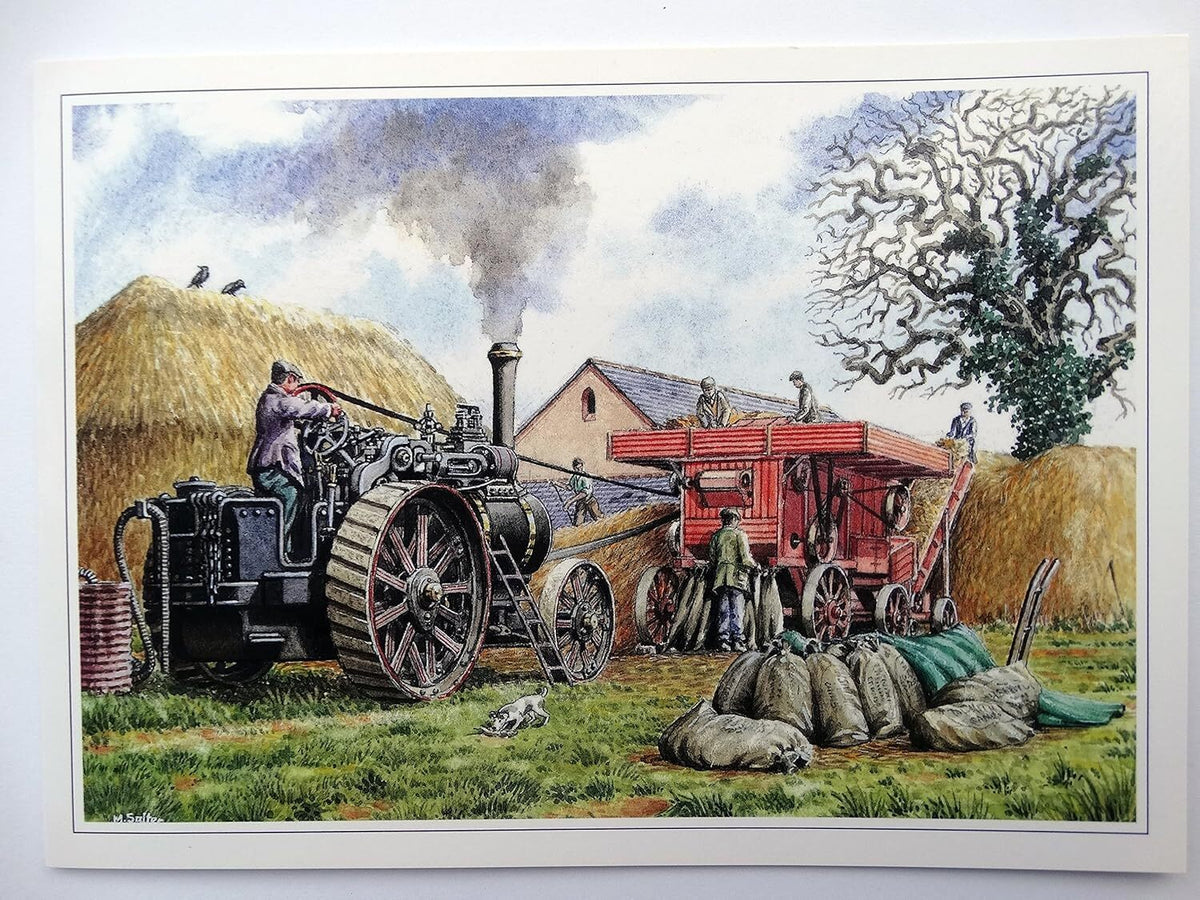 Men Threshing Steam Engine Farm Hay Design Nostalgic Open Birthday Card
