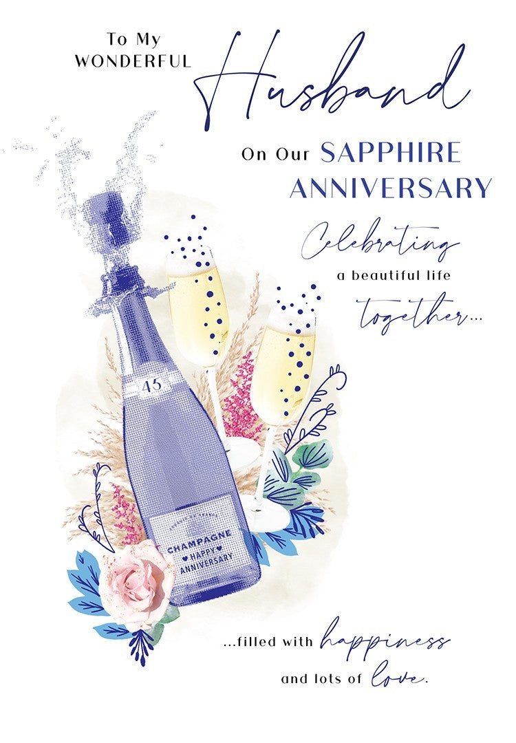 Sapphire Anniversary Card Husband  45 Years Verse Champagne Glasses