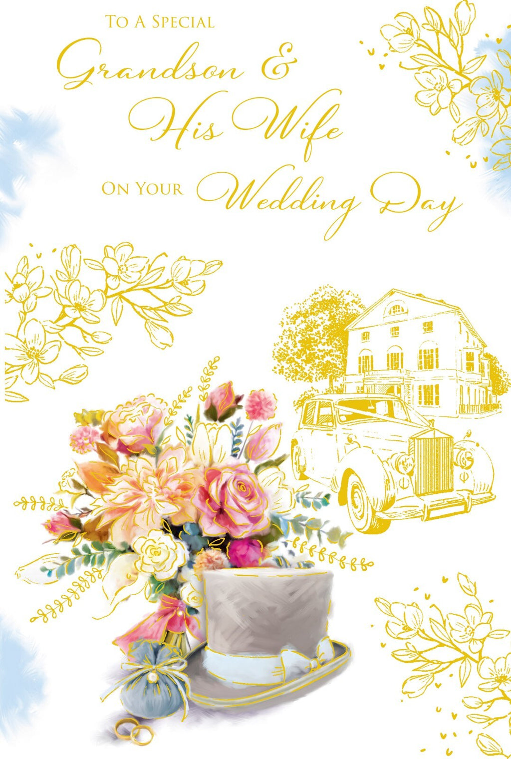 Grandson & Wife Wedding Day Card Flowers Foil Finish Lovely Verse