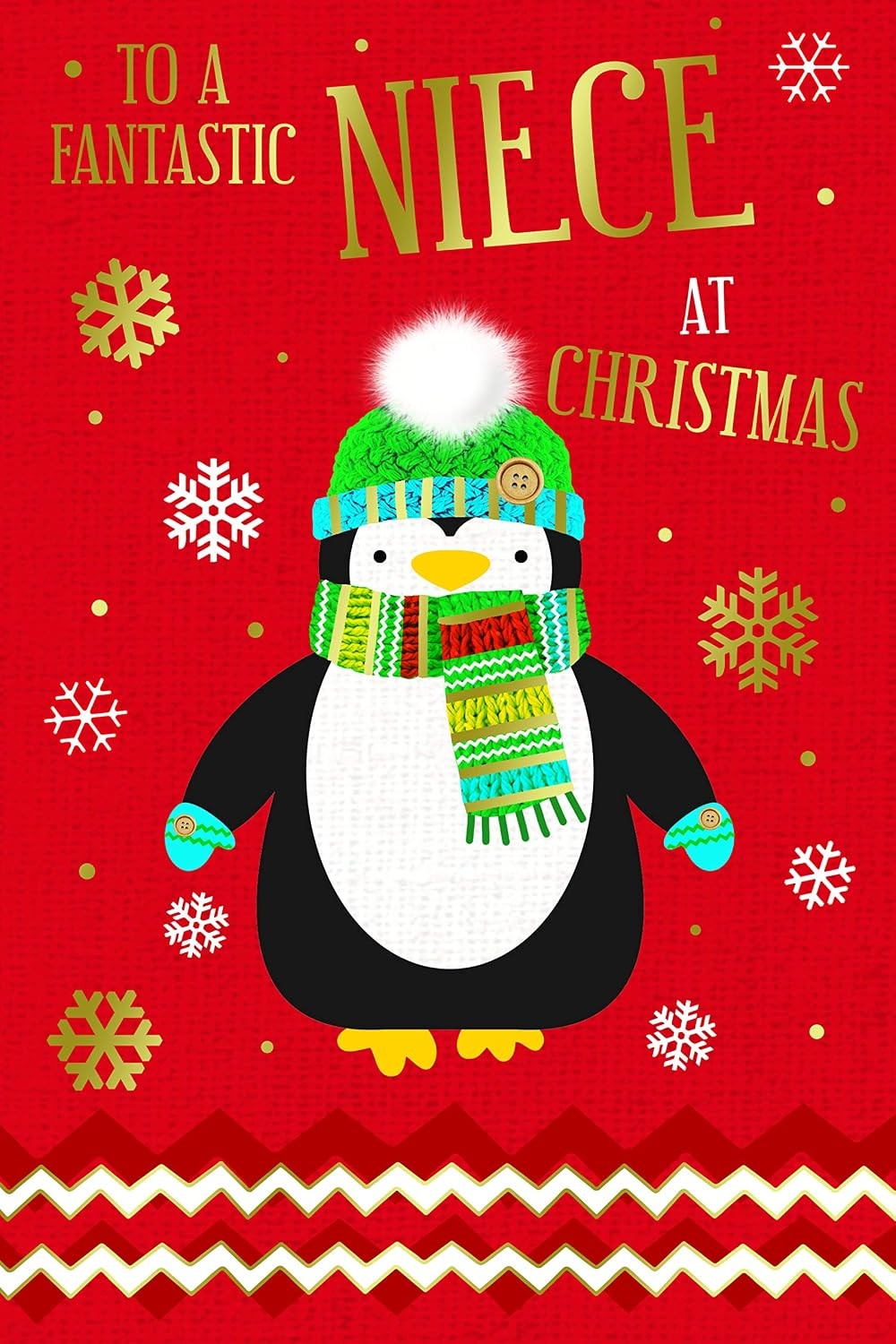 Niece Christmas Card Cute Penguin Hat Scarf & Snowflake Design Lovely Verse