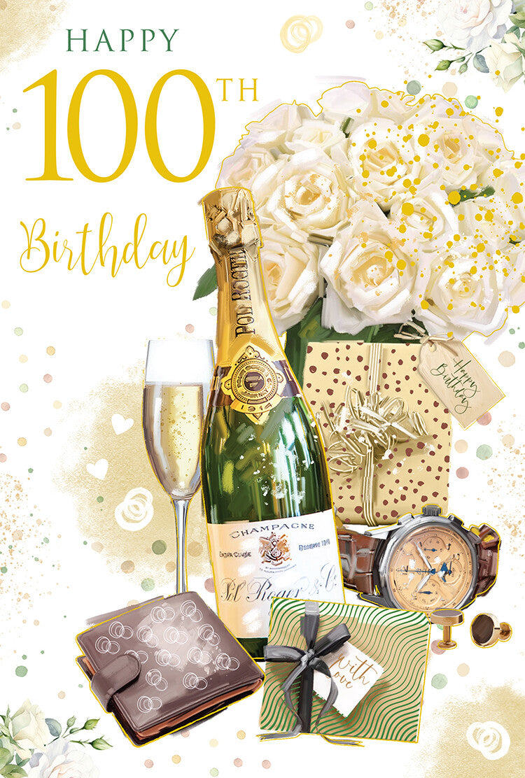 Happy 100th Birthday Card Male Foil Finish 9" x 6" Lovely Verse