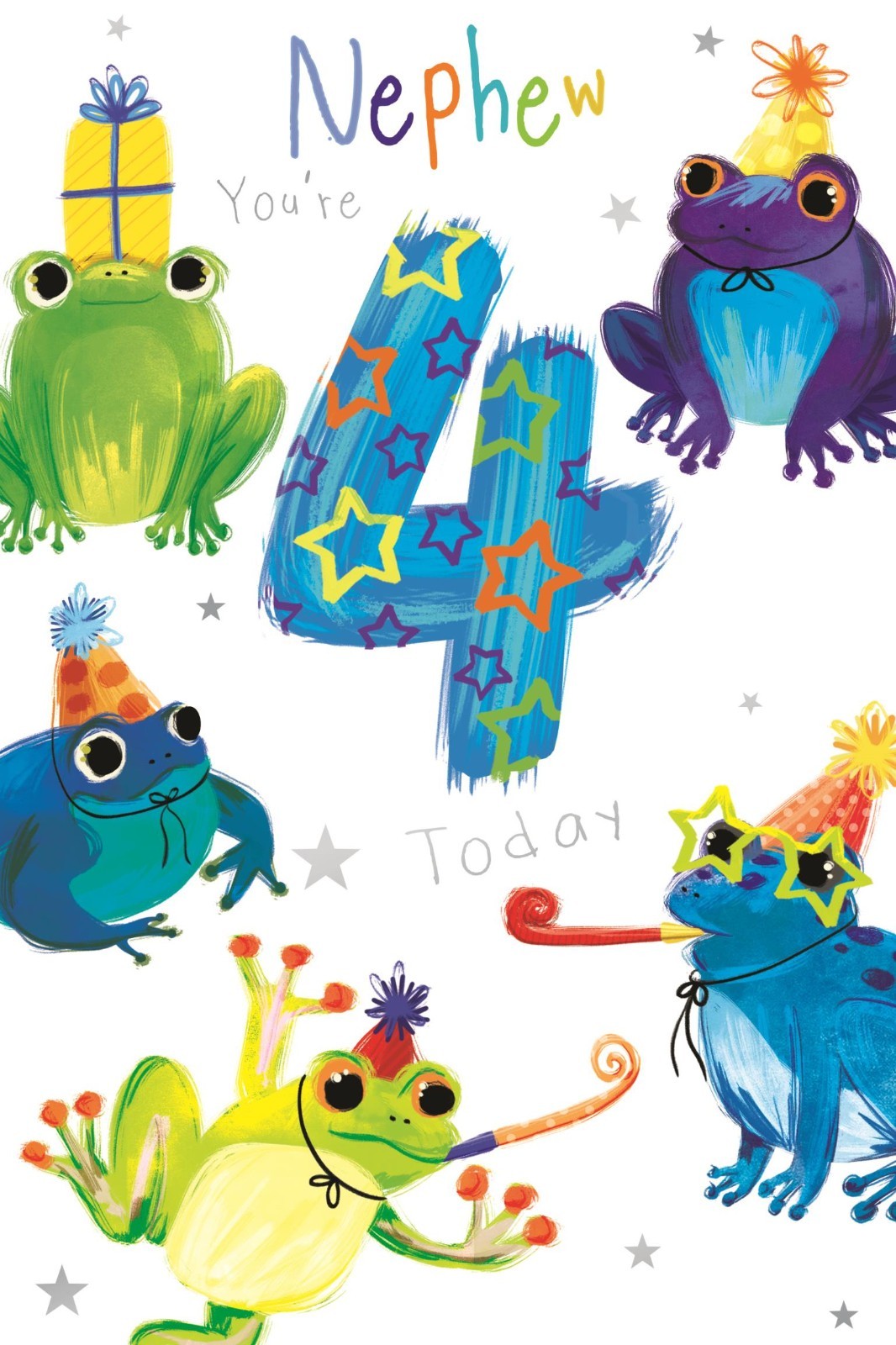 4th Birthday Card for Nephew  Frog Party Design  15x23cm  Colour Insert