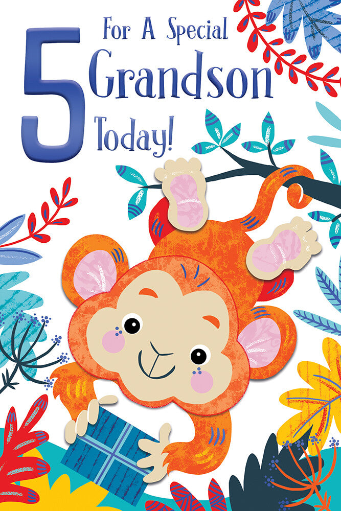 Grandson 5th Birthday Card Age 5 Today Cute Monkey Happy Lovely Verse
