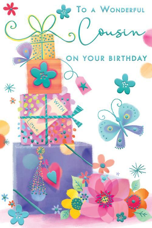Cousin Happy Birthday Card Bright Presents & Flower Lovely Verse
