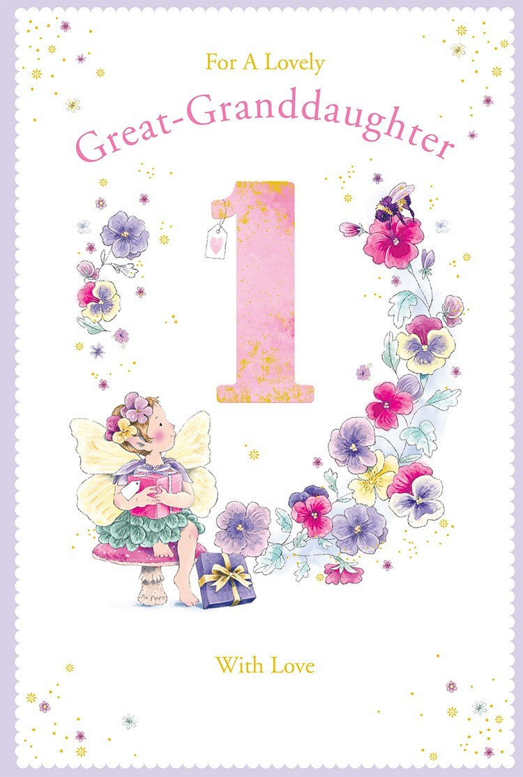 Great Granddaughter 1st Birthday Card Age 1 Pansy Fairy 9" x 6" Lovely Verse