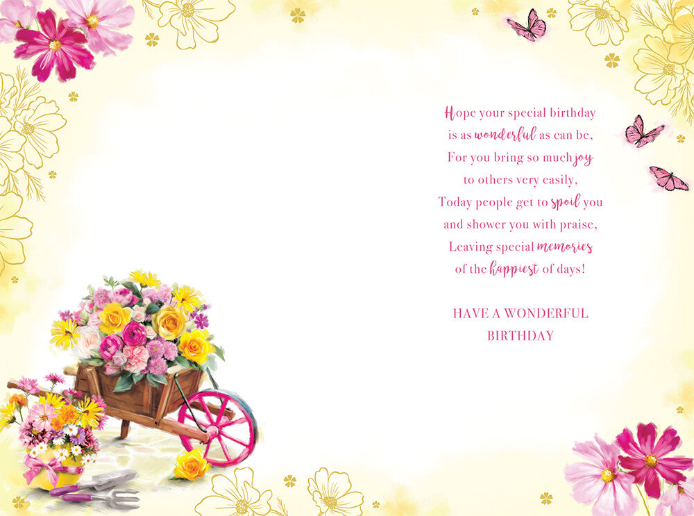 Auntie Happy Birthday Card Wheelbarrow of Fowers 9" x 6"