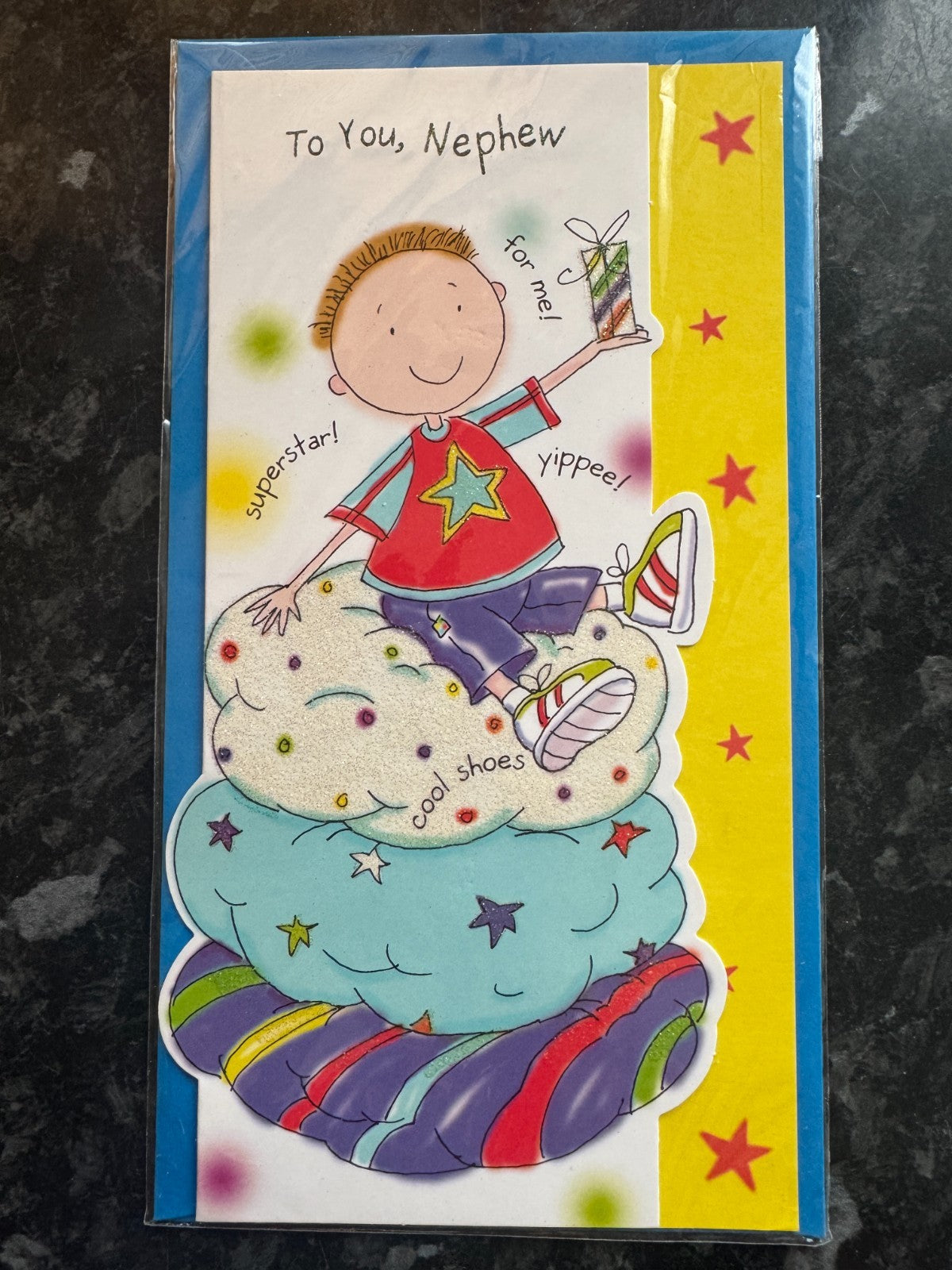 Nephew Birthday Card Boys Cute Cartoon Superstar Boy Glitter Die Cut Med 13x23cm