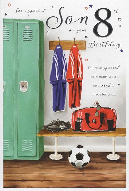 Son 8th Birthday Card Age 8 Locker Room Football & Bag Design Happy Lovely Verse