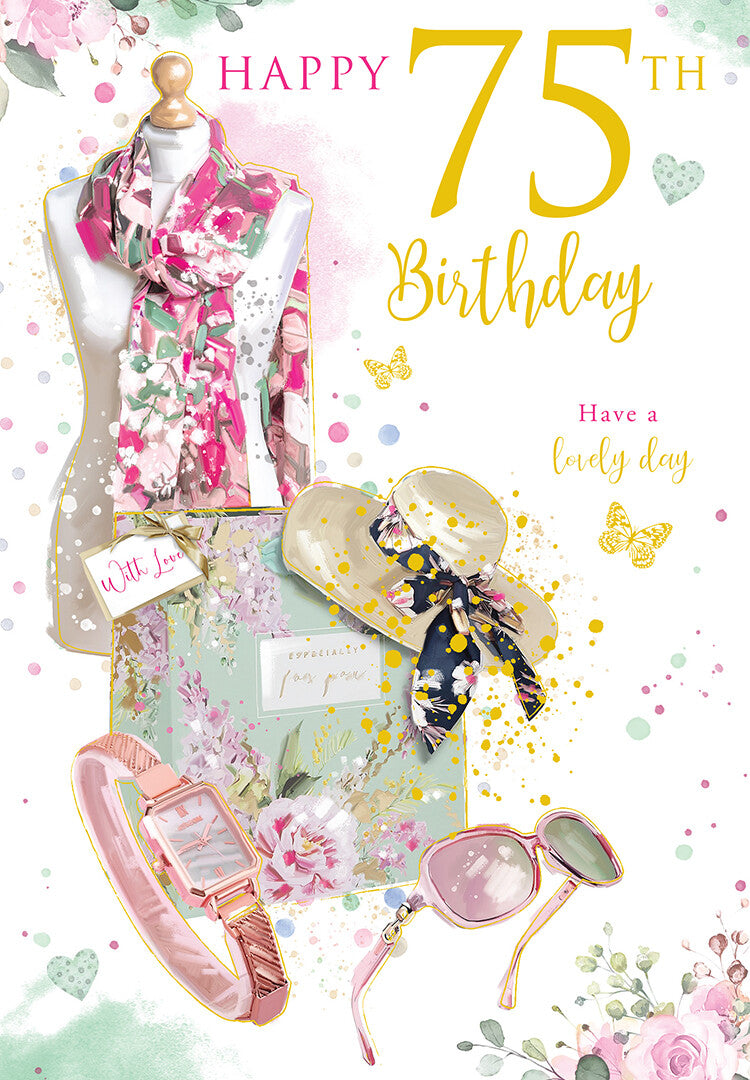 Happy 75th Birthday Card Female Foil Finish 8" x 6" Lovely Verse