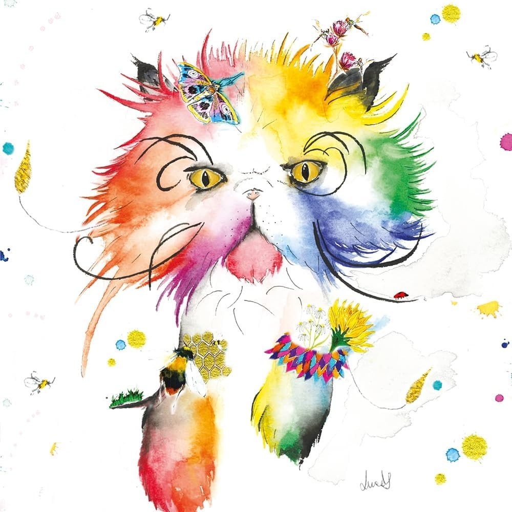 Rainbow Cat Greeting Card  Wildlife & Colourful Birds  16x16cm  Blank Inside